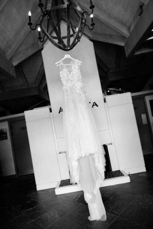 Wedding dress hanging at Arista Winery.