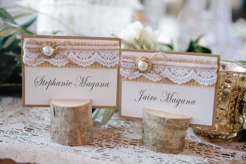 Rustic wedding name cards Chalk Hill Estate.