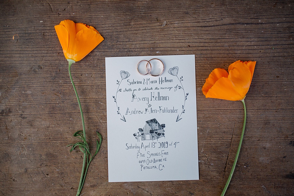 wedding invites and California poppies for this Sonoma wedding