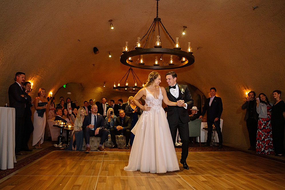 bride and groom dance at calistoga ranch wedding by michelle walker photography